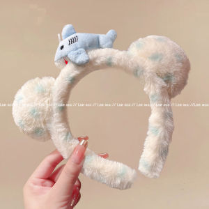 Cute Bear Ear Plush Shark Hairband Blue Polka Dot Face Wash Mask Headband Hair Accessory Trendy Sweet Style for Adults