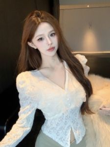 GUZILIAN | French Lace Shirt Womens Base Layer Hollow Out Bell Sleeve V-neck Bubble Sleeve Pure Desire Inner Wear Top Commute Style Slim Fit