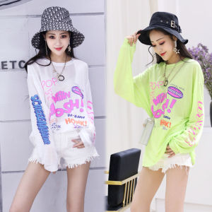 Summer New Arrival Thin Ice Silk T-shirt Long Sleeves Print Alphabet Knitting Pullover K-style Loose Sun-Protection Shirt Female Trendy