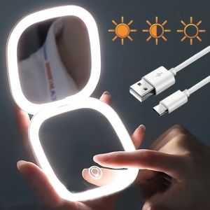 Double Sided LED Makeup Mirror Adjustable Color 3x Magnification USB Charging Portable Folding Mirror for Womens Outdoor Use