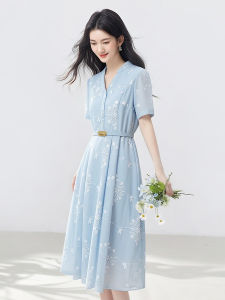 La Chapelle | Blue Embroidery Chiffon Summer V-Neck Slimming Dress