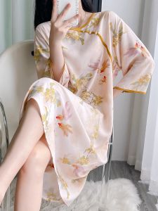 New Chinese Style Cotton Silk Sleepwear Women Summer Mid-Sleeve Sleep Dress plus Size Artificial Cotton Thin Loose Home Clothes Midi Skirt