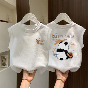 Boys Summer Cotton Vest Cartoon Panda Print Sleeveless Kangdou Childrens Fashionable Top Breathable round Neck Short Sleeve