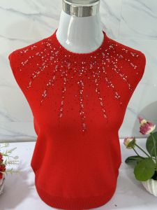 Red Knitted Loose Long Sleeve Sweater for Women Autumn Fashionable Mommy Base Shirt Diamond Embedded Comfortable Wool Blend