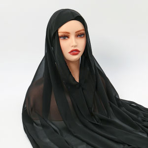 Chiffon Instant Hijab With Bulit-in Magnets Muslim Woman Hijab Solid Color Easy To Wear Shawl Wrap With Undercap Famme Headscarf