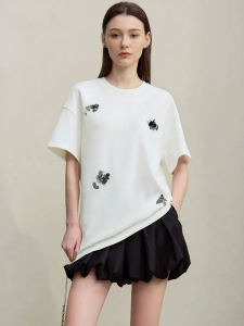AMII | Round Neck Drop Shoulder Beaded Floral Print T-Shirt Women Air Layer