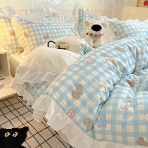 Blue Plaid Dog Cotton Bedding Set Korean Style Student Three-Piece Set 1.8 Bed Sheet Bed Skirt Cute Cartoon Character Design