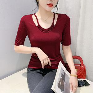 REHIN Round Neck Beaded High-Stretch Cotton Short-Sleeve T-Shirt - Summer Solid Color Fashionable Slim-Fit Womens Top