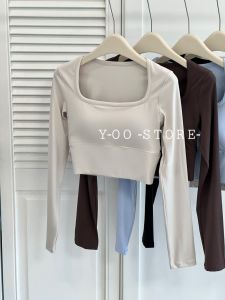 Slimming Yoga Long Sleeve U-Neck Womens T-Shirt with Chest Pad Sportswear Base Layer Top for Pilates Fitness Exercise