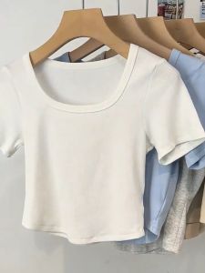 Summer Plain Round Neck T-shirt for Women Casual Short Sleeved Slim Fit Top