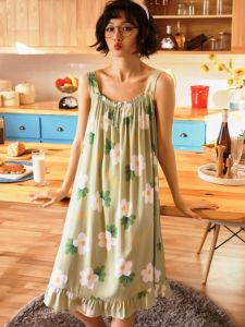 Japanese Style Cotton Silk Slip Nightdress Womens Summer Thin Pajamas Loose Long Fresh Artificial Cotton Princess Style Home Wear