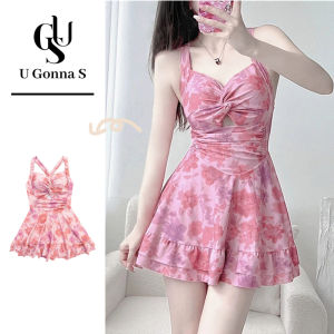 Trang phục bơi váy 2024 một mảnh gợi cảm cho nữ trang phục đi biển không tay hoa nâng đệm A-line váy Bikini thời trang dễ thương màu hồng Hàn Quốc co giãn U Gonna S