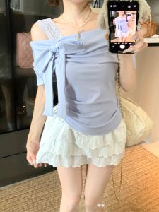 plus Size Slimming Short Sleeve T-Shirt One Shoulder Design Belly Button Exposed Korean Style Comfortable Breathable Summer Top