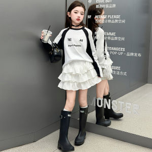 Spring 2025 Kids Contrast Color Motorcycle Style Thin T-shirt Base Shirt Casual Loose Fit Long Sleeve round Neck Letter Print
