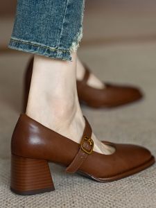 Meneer-M French Style High Heel Mary Janes Womens Shoes 2023 Autumn Collection Leather Upgraded Flat Mouth Single Shoes