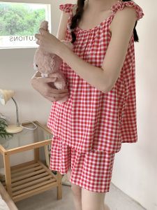 ใหม่ ผู้หญิง ชุดนอน ผ้าฝ้าย ผ้าไหม ลายสก็อต บาง สายคล้อง ชุดเสื้อผ้าบ้านประดิษฐ์ ผ้าฝ้าย กางเกงขาสั้น สไตล์บริการบ้าน ฤดูร้อน ชุดนอน