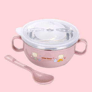 Childrens 304 Stainless Steel Bowl Double Layer Cartoon Meal Soup Bowl Baby Thermally Insulated Bowl Anti Drop Auxiliary Food Bowl
