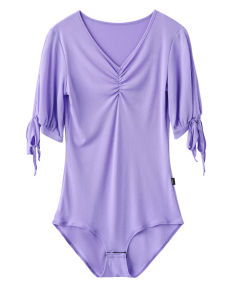 Fashionable Adult Womens Latin Dance Top Gymnastics Practice Clothing Short Sleeve V-Neck SilkDance Sportswear Yoga Fitness