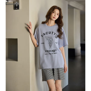 Meiteng Womens Summer Lightweight Sleepwear Soft Cotton Loose Casual Short Sleeve round Neck Home Clothes 7A Antibacterial Set