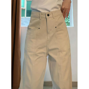 กางเกงยีนส์ชุดทำงานสีเบจสไตล์อเมริกันยาวพิเศษสำหรับคนตัวสูงขากว้างทรงสอบทรงหลวมเอวสูงแบบลำลองทิ้งตัวได้ดีใส่ช่วงฤดูร้อนสำหรับผู้หญิง