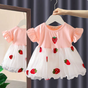 Princess Style Summer Dress for Girls Baby Cotton Polyester Blend High Waist Short Sleeve A-Line Skirt Soft Breathable Fabric