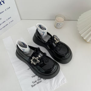 รองเท้าส้นหนาสไตล์ย้อนยุคสำหรับผู้หญิง Mary Janes ทรงหัวโต รองเท้าแฟชั่นฤดูใบไม้ผลิ ส้นสูงปานกลาง พื้นรองเท้าแบบผสม