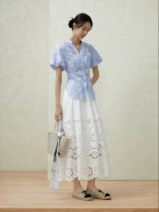SUSHE | Sky Salt Stripe V-Neck Puff Sleeve Adjustable Waist Blouse