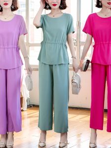 Fashionable Cotton Silk Set for Women Summer Casual Wear Loose Fit Short Sleeve Tummy Control Top with Wide Leg Pants