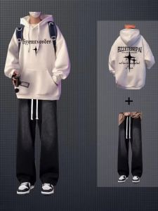 เสื้อสเวตเตอร์ฮู้ดคู่แบบหลวมๆ แขนยาว ฤดูใบไม้ผลิและฤดูใบไม้ร่วง แฟชั่นสตรีทสไตล์ เสื้อผ้าลำลองสำหรับผู้ชาย คอลเลกชันฤดูใบไม้ร่วง