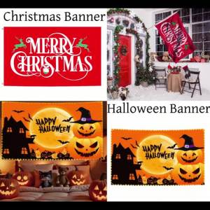 Halloween Christmas Festive Flags Yard Garage Banner Decoration Pumpkin Ghost Bat Wall Decor Photography Backdrop Photo Props
