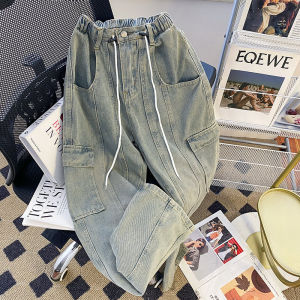 กางเกงยีนส์ทรงหลวมสไตล์อเมริกันย้อนยุคสำหรับผู้ชายและผู้หญิง กางเกงขายาวทรงตรงเอวยางยืด ทรงหลวม กางเกงยีนส์ทรงลำลอง