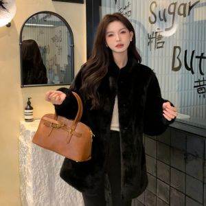 Thickened Long Mid-Length Fox Fur Coat Womens Fluffy Plush Stand Collar Eco-Friendly Artificial Leather Jacket Winter Outerwear