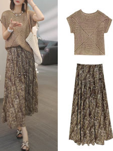 Elegant French Style Knitted Top And Mini Skirt Set Womens Fashion Summer Outfit Short Sleeve round Neck Polyester Fiber