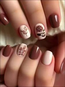 Short Medium fake nail for women brown coffee colors matte grid or glossy flowers design full cover reusable press on false nail