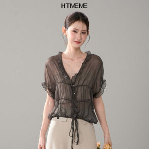 HTMEME | Áo Chiffon Tay Ngắn Cổ V Gỗ Voan Pháp