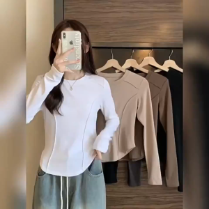 Spring New Solid Color Chic Unique Design Long Sleeve Base Match All Top Korean Womens Basic Round Neck Short Slim Fit T-shirt