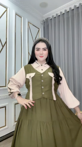 Caliba Rompi 0104-3708 Dress Katun Rayon Twill Busui Kancing Depan Lengan Panjang Lembut Rempel Casual Wanita Midi Belah Samping