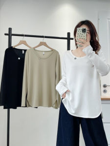 เสื้อยืดแขนยาวคอกลมสีพื้นโลหะสำหรับผู้หญิงไซส์ใหญ่ ฤดูใบไม้ร่วง 2025 เสื้อชั้นในลายจุดทรงหลวมสบาย ๆ