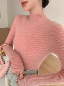 French Pink Cashmere Knitwear Womens Autumn Winter Thickened Slim Fit Base Shirt Half High Collar Knitted Sweater Inner Wear