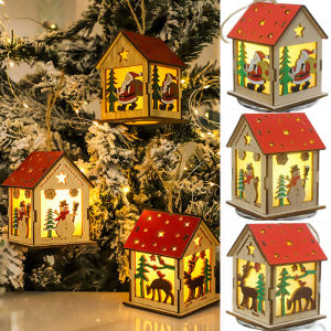 Christmas Decor Glow Small Wooden House Chalet Santa Elk Table Lamp Night Light Christmas Tree Pendant 2024 New Year Children Gift