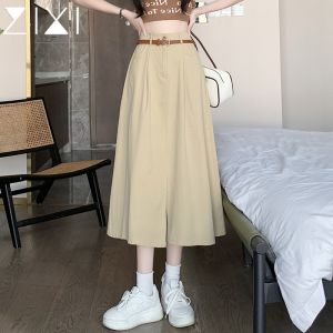 Khaki Skirt Womens Summer Small High Waist Slit Dress Long Dress Slim Looking Suit Skirt Umbrella Skirt A- Line Skirt