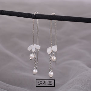 ต่างหูไข่มุกเงินแท้ 925 ทรงดอกไม้ จี้ลูกปัดยาว หวาน เครื่องประดับแฟชั่นสำหรับผู้หญิง จี้ห้อย ต่างหูแบบห้อย ต่างหูแบบห้อย