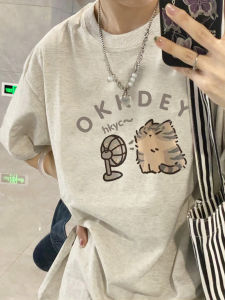 plus Size Pure Cotton T-Shirt Womens Vintage Cute Cat Loose Summer Mid-Length Floral Grey Shoulder Ins Top Korean Style round Neck Short Sleeve