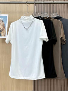 พลัสไซส์ ผู้หญิง ลำลอง หลากหลาย แขนสั้น คอเต่า เสื้อเชิ้ตชั้นบนสีบริสุทธิ์ฤดูร้อน ผ้าฝ้าย โพลีเอสเตอร์ Blend