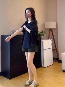 Summer 2025 Casual Short Sleeve Shirt And Shorts Two-Piece Set Slimming Belly Covering Fashionable Womens Ensemble Polyester Fiber