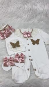 Baby Girl Christening Baptism Outfit Newborn 0-9 Months 3Pcs White Hot Pink Satin Bow Crown Formal Luxury Princess Clothes