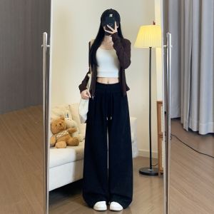 Grey Sports Pants Womens Loose Wide Leg Casual Trousers American Retro Sweatpants plus Size Comfortable Breathable Polyester