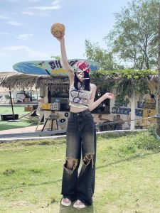 กางเกงยีนส์ขาดสไตล์วินเทจเอวสูงไซส์ใหญ่สำหรับผู้หญิงในช่วงฤดูร้อน กางเกงขายาวทรงหลวมสำหรับผู้ที่มีรูปร่างคล้ายลูกแพร์ ทรงหลวม กางเกงยีนส์ขาด