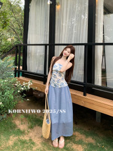 KORNIIWO Vintage Patterned Holiday Style Removable Strap Women Asymmetrical Halter Top mid Midi Skirt FloralPrint CasualSummerSeason ForAdultGirls