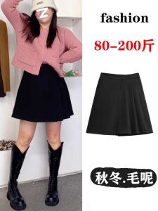 plus Size Womens Woolen Plaid A-Line Mini Skirt Spring Autumn Sweater High Waist Slimming Skirts Korean Style Commute